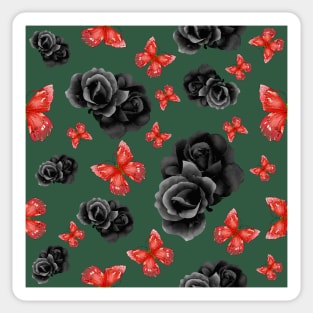 Red Butterflies and Black Roses w/ dark green background Sticker